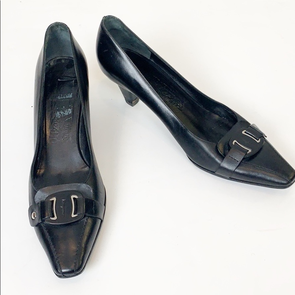 Salvatore Ferragamo Black Logo Kitten Heel Pumps